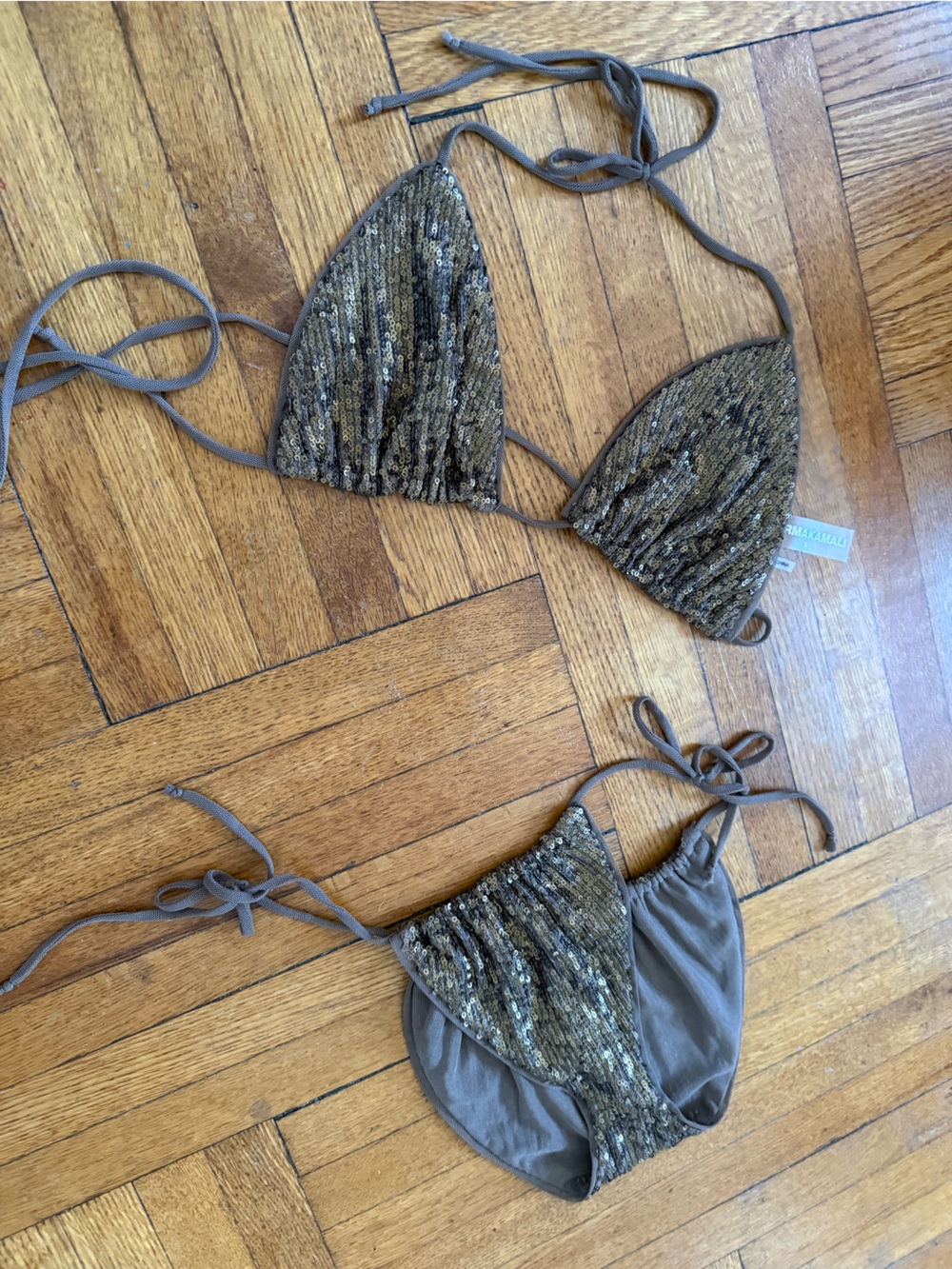 Norma kamali Sequined Triangle Bikini Top and bottom set string small bronze